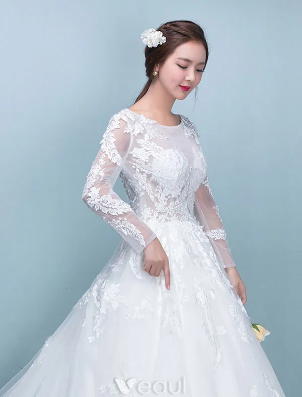 Elegante Bruidsjurk 2017 Ronde Hals Applique Kant Trouwjurken Met Lange Mouwen