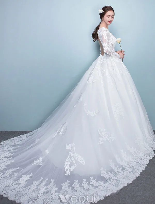 Elegante Bruidsjurk 2017 Ronde Hals Applique Kant Trouwjurken Met Lange Mouwen
