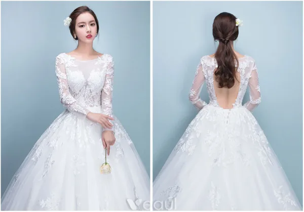 Elegante Bruidsjurk 2017 Ronde Hals Applique Kant Trouwjurken Met Lange Mouwen