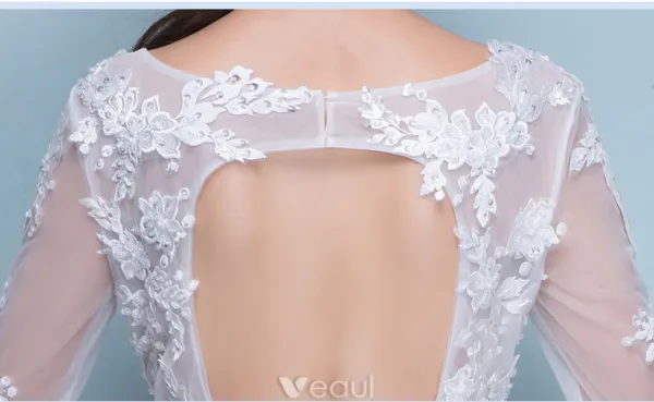 Elegante Bruidsjurk 2017 Ronde Hals Applique Kant Trouwjurken Met Lange Mouwen