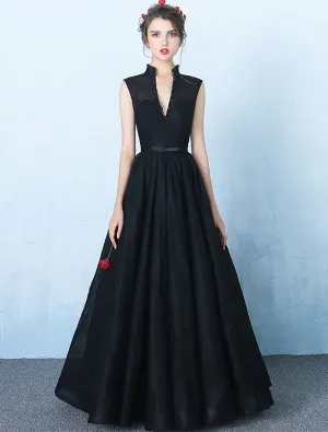 Elegant V Ringad Lång Kväll Aftonklänning Svart Backless Balklänning 2017