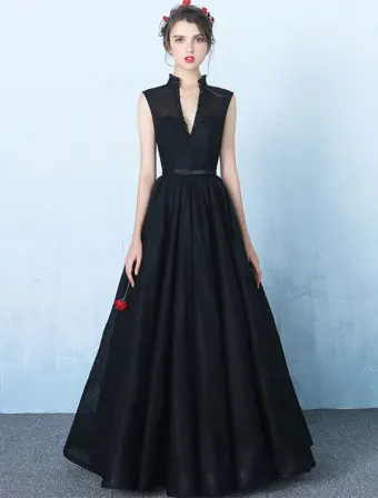 Elégant Col V Longue Robe De Soirée Noire Dos Nu Robe De Bal 2017