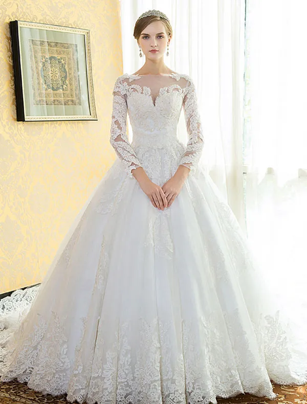 Glamorous Bridal Gown 2017 Square Neckline Applique Lace Wedding Dress With Long Sleeves