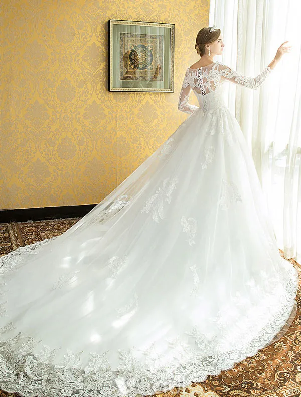 Glamorous Bridal Gown 2017 Square Neckline Applique Lace Wedding Dress With Long Sleeves