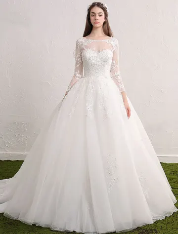 Princess Bridal Gown 2017 Scoop Neckline Sequin Applique Lace Ruffle Tulle Wedding Dress With Long Sleeves