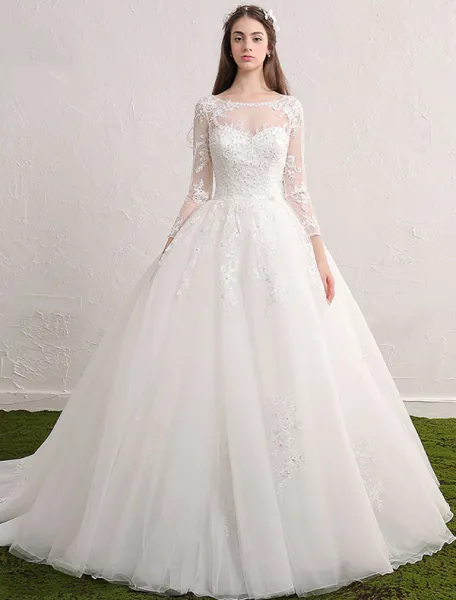 Princess bridal gown 2017 scoop neckline sequin applique lace ruffle tulle wedding dress with long sleeves