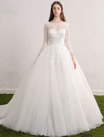 Prinzessin Brautkleider 2017 Schaufel Ausschnitt Pailletten Applique Spitze Rüsche Tüll Brautkleid Mit Langen Ärmeln