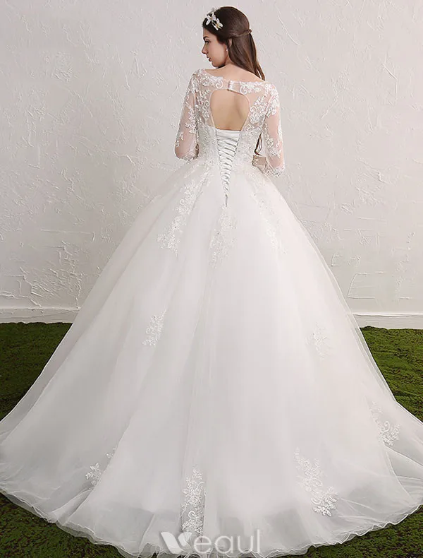 Princess bridal gown 2017 scoop neckline sequin applique lace ruffle tulle wedding dress with long sleeves