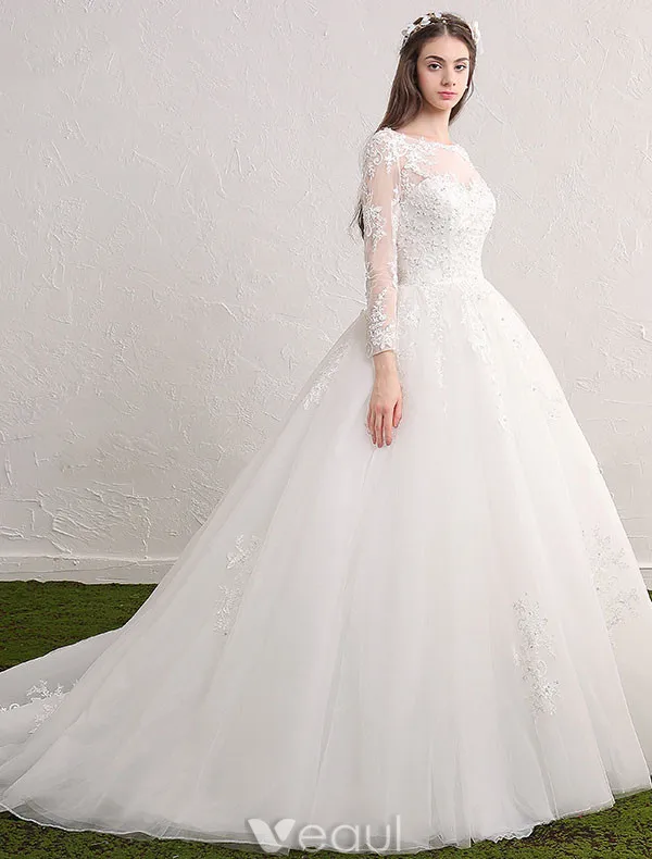 Princess bridal gown 2017 scoop neckline sequin applique lace ruffle tulle wedding dress with long sleeves