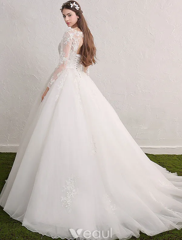 Princess bridal gown 2017 scoop neckline sequin applique lace ruffle tulle wedding dress with long sleeves