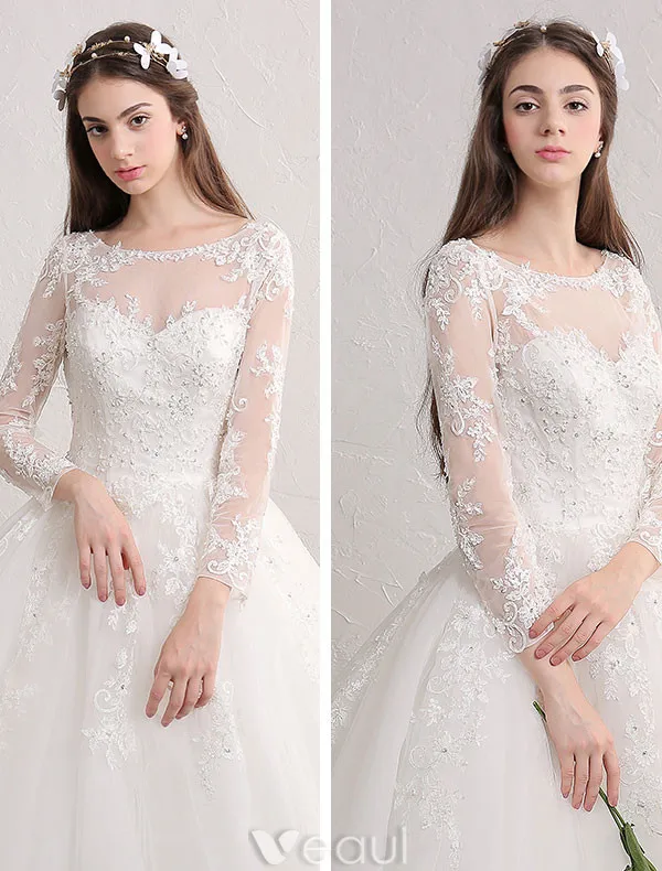 Princess bridal gown 2017 scoop neckline sequin applique lace ruffle tulle wedding dress with long sleeves