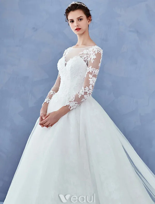 Simple Bridal Gowns 2017 Sweetheart Textured Lace Ruffle Tulle Wedding Dresses With Train