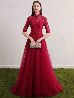 Cheongsam Robes De Soirée Améliorées 2017 Col Haut Appliques Dentelle Bourgogne Tulle Robe De Ceremonie