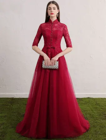 Cheongsam Improved Evening Dresses 2017 High Neck Sequins Applique Lace Burgundy Tulle Occasion Dress