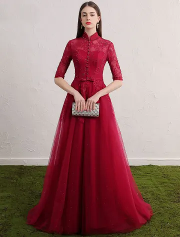 Cheongsam Robes De Soirée Améliorées 2017 Col Haut Appliques Dentelle Bourgogne Tulle Robe De Ceremonie