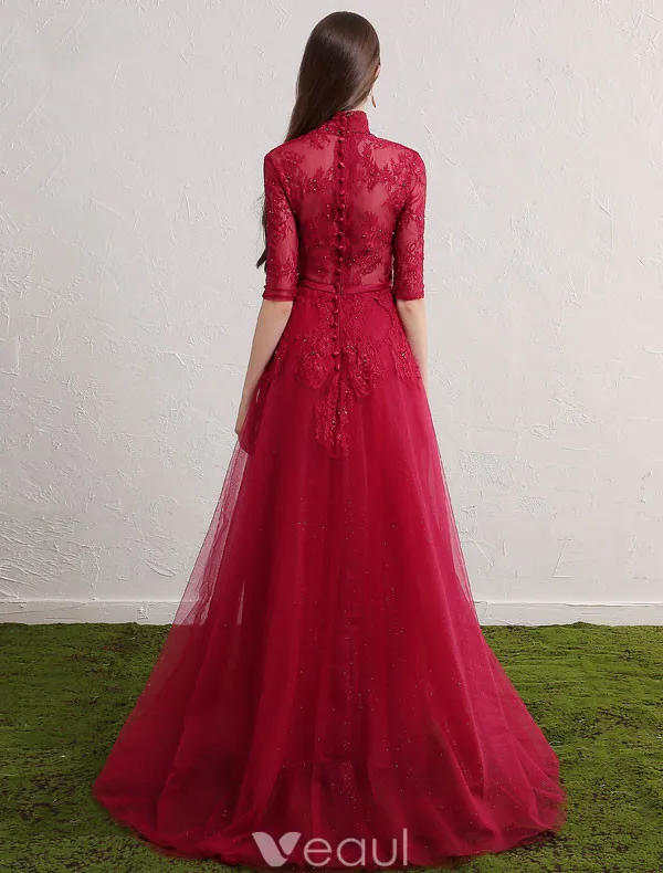 Cheongsam Improved Evening Dresses 2017 High Neck Sequins Applique Lace Burgundy Tulle Occasion Dress