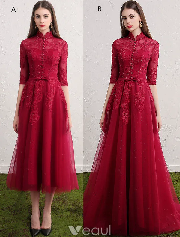 Cheongsam Improved Evening Dresses 2017 High Neck Sequins Applique Lace Burgundy Tulle Occasion Dress