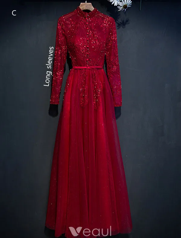 Cheongsam Improved Evening Dresses 2017 High Neck Sequins Applique Lace Burgundy Tulle Occasion Dress