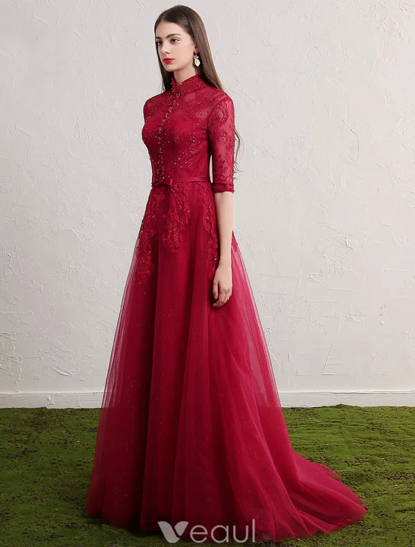 Cheongsam Improved Evening Dresses 2017 High Neck Sequins Applique Lace Burgundy Tulle Occasion Dress