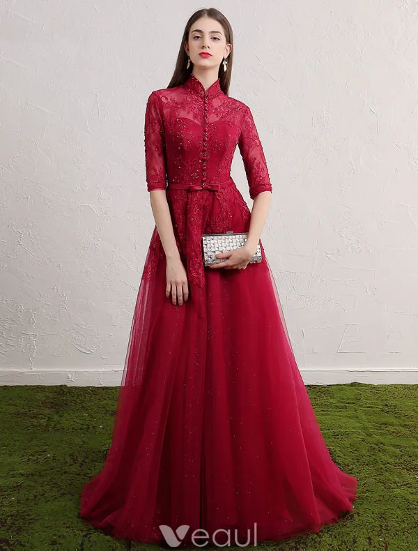 Cheongsam Improved Evening Dresses 2017 High Neck Sequins Applique Lace Burgundy Tulle Occasion Dress