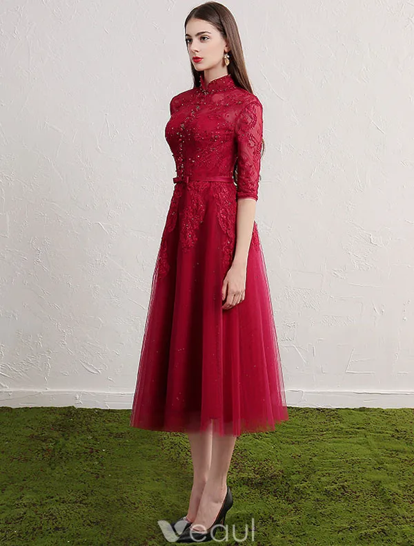 Cheongsam Improved Evening Dresses 2017 High Neck Sequins Applique Lace Burgundy Tulle Occasion Dress