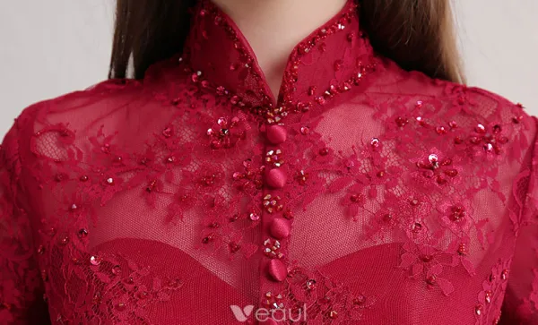 Cheongsam Improved Evening Dresses 2017 High Neck Sequins Applique Lace Burgundy Tulle Occasion Dress