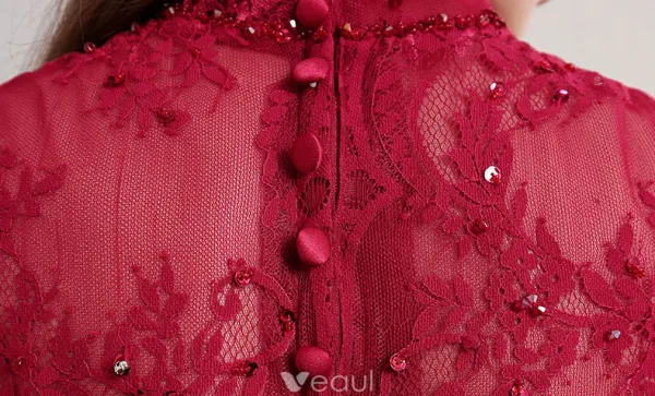 Cheongsam Improved Evening Dresses 2017 High Neck Sequins Applique Lace Burgundy Tulle Occasion Dress