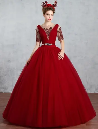 2017 Robe De Bal Élégante Avec Des Manches Robe De Ceremonie De Bourgogne Sans Dossier