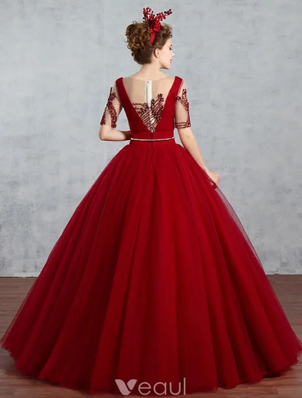 2017 Elegant Balklänning Med Ärmar Burgundy Festklänning Ryggdel