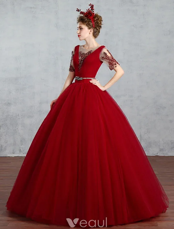 2017 Elegant Balklänning Med Ärmar Burgundy Festklänning Ryggdel
