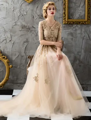 Böhmen Abendkleider 2017 Scoop Ausschnitt Applique Spitzen Champagner Organza Anlass Kleid
