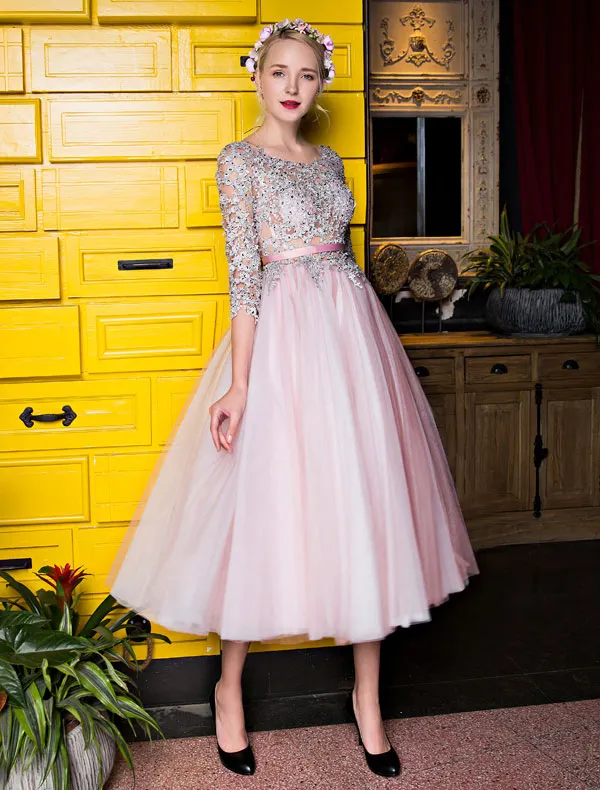 Lovely Graduation Dresses 2017 Scoop Neckline Applique Lace Sequin Tea Length Pink Tulle Dress