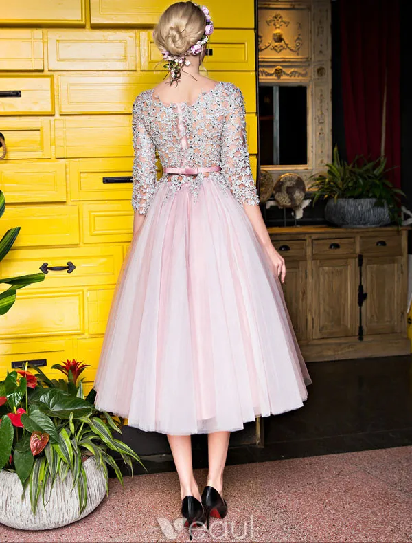 Lovely Graduation Dresses 2017 Scoop Neckline Applique Lace Sequin Tea Length Pink Tulle Dress