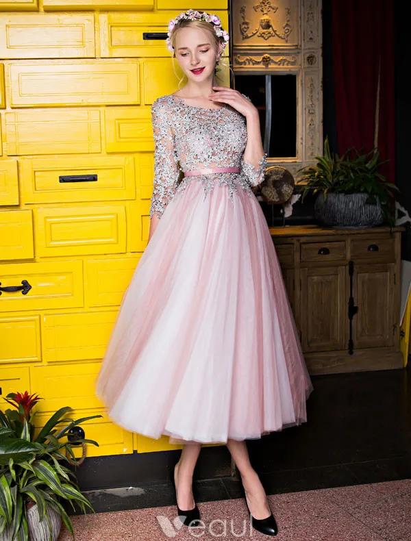 Lovely Graduation Dresses 2017 Scoop Neckline Applique Lace Sequin Tea Length Pink Tulle Dress