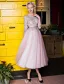 Lovely Graduation Dresses 2017 Scoop Neckline Applique Lace Sequin Tea Length Pink Tulle Dress