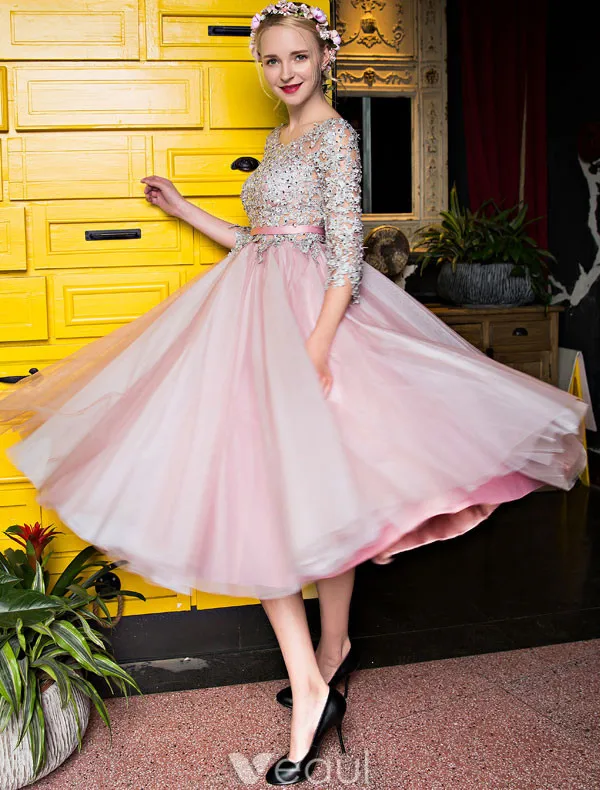 Lovely Graduation Dresses 2017 Scoop Neckline Applique Lace Sequin Tea Length Pink Tulle Dress