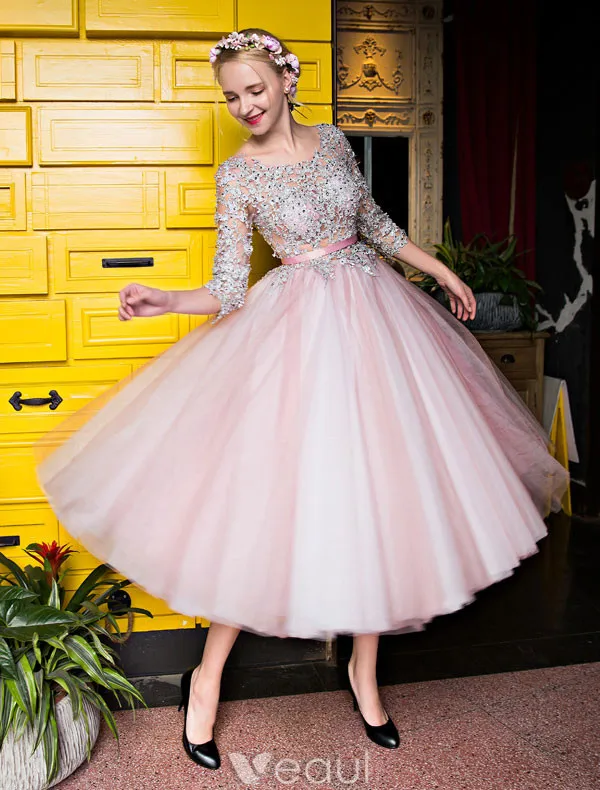 Lovely Graduation Dresses 2017 Scoop Neckline Applique Lace Sequin Tea Length Pink Tulle Dress