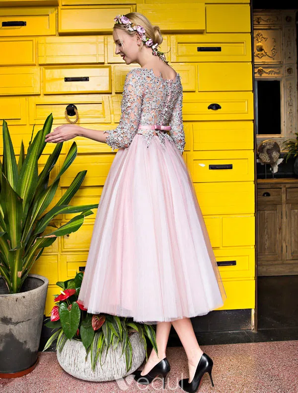 Lovely Graduation Dresses 2017 Scoop Neckline Applique Lace Sequin Tea Length Pink Tulle Dress