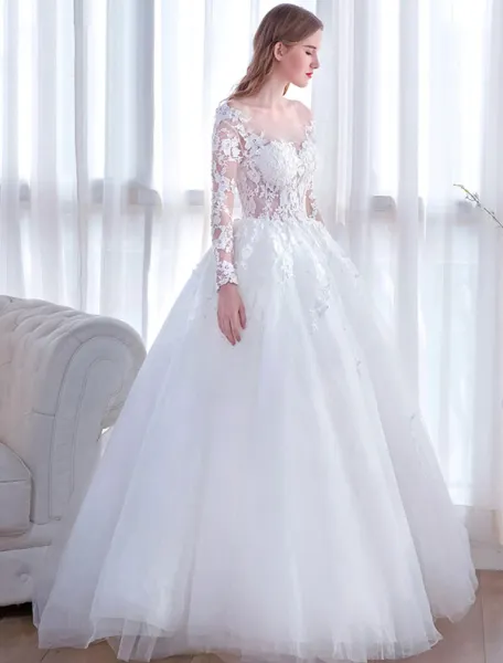 Glamorous Wedding Dresses 2017 Square Neckline Applique Laces White Tulle Bridal Gowns