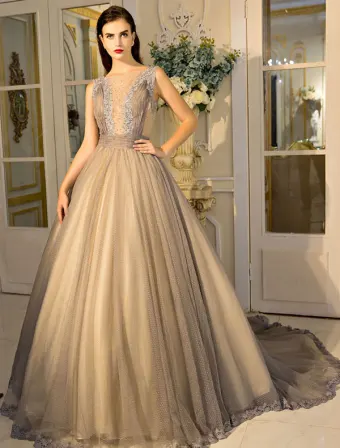 Elegant Tulle Prom Dress 2017 Beaded Ball Gown With Lace