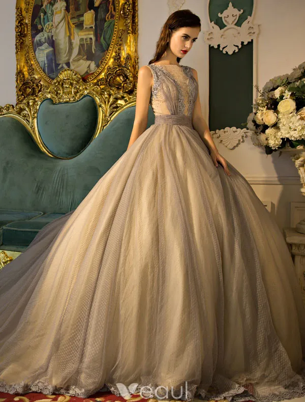 Robe De Bal Élégante Tulle 2017 Robe De Ceremonie Perlée Avec De La Dentelle