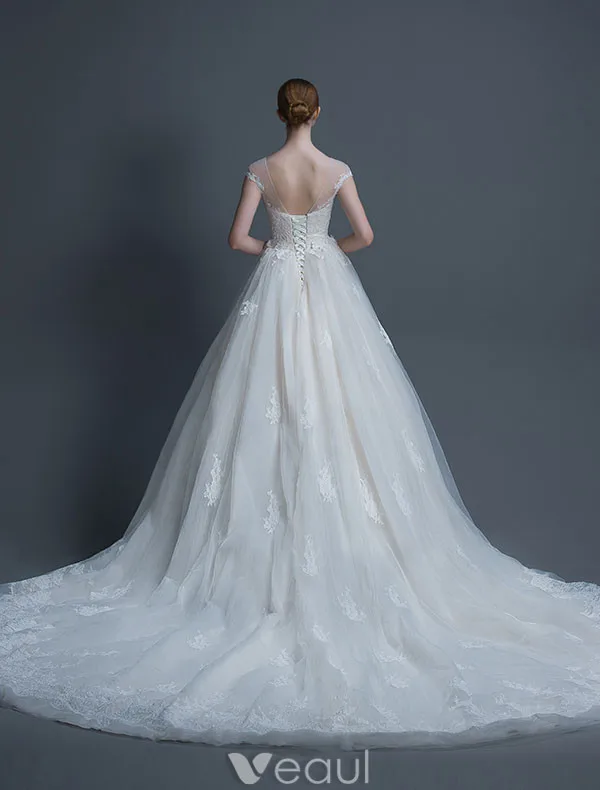 Luxux Hochzeitskleider 2017 Hochgradige Applique Schnürt Sich Helle Champagner-brautkleider Mit Langem Zug