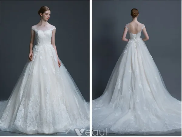 Luxux Hochzeitskleider 2017 Hochgradige Applique Schnürt Sich Helle Champagner-brautkleider Mit Langem Zug