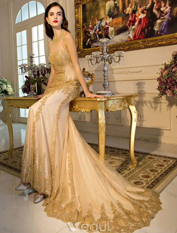 Robe De Soirée Sirène Sexy 2017 Paillettes D'or Robe Ceremonie Dos Nu