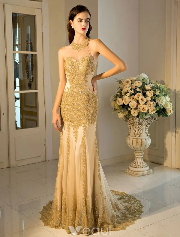 Robe De Soirée Sirène Sexy 2017 Paillettes D'or Robe Ceremonie Dos Nu