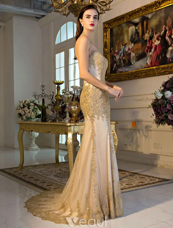 Robe De Soirée Sirène Sexy 2017 Paillettes D'or Robe Ceremonie Dos Nu