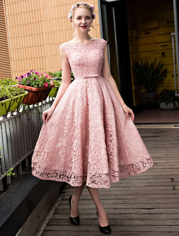 Pink Tea Length Dress Veaul