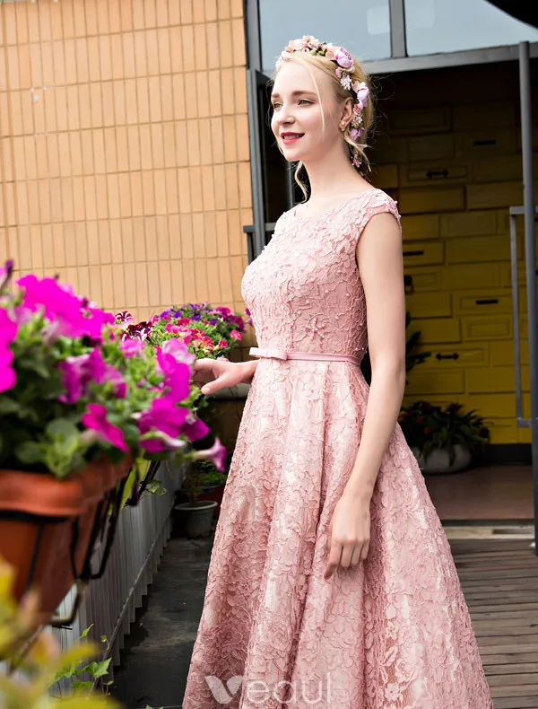 Chic Pink Cocktail Dress Tea Length Lace Party Dress 2017