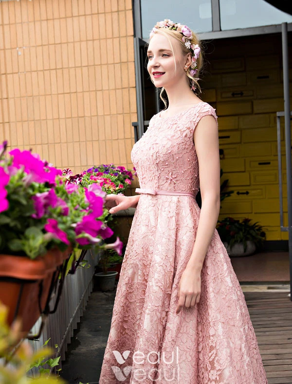 knee length pink lace dress