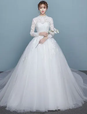 Vintage Wedding Dresses 2017 High Neck Long Sleeves Applique Lace Bridal Gowns